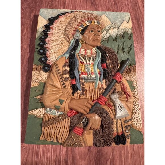 🖼️ Native American 3D Ceramic Wall Art – Warrior with Headdress & Tomahawk - Picture 13 of 13